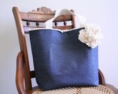 denim tote bag with removable flower brooch / market bag / shabby chic / farmhouse country / blue / cream / spring