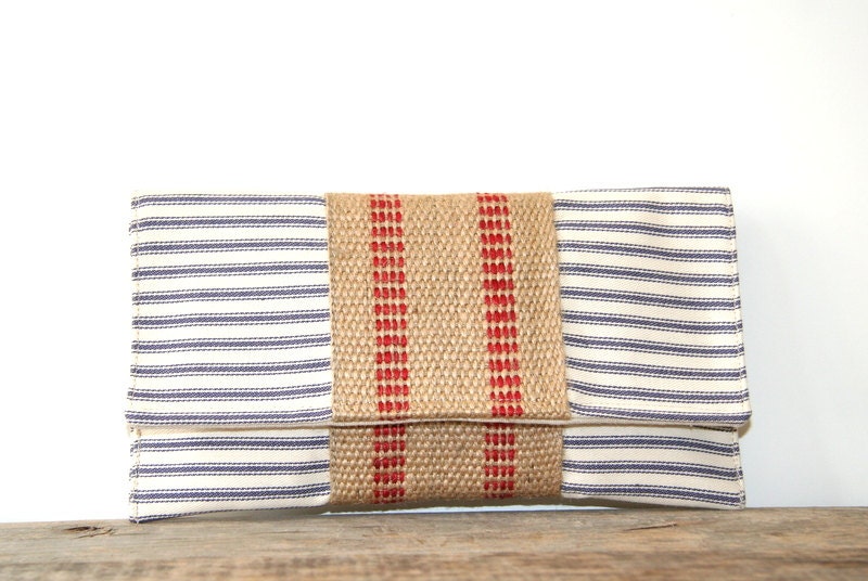 clutch purse in blue and cream ticking fabric with jute webbing / spring fashion / nautical / stripes / bridesmaid / red / blue