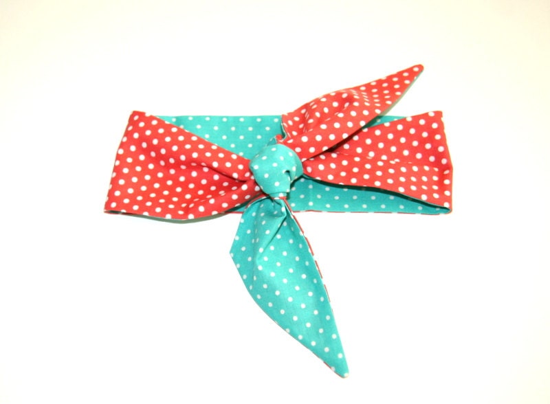polka dot reversible headband / turquoise orange white / tie up headband / adjustable / summer fashion