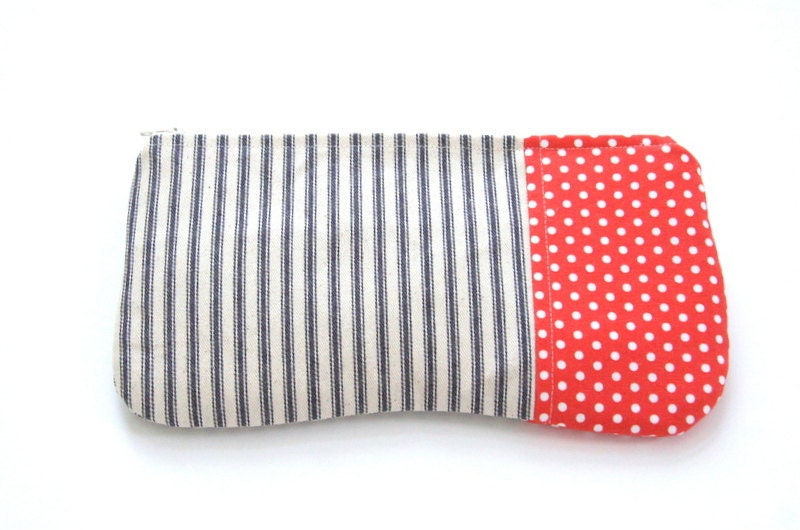 blue and cream ticking zipper pouch with polka dots / summer fashion / nautical / bridesmaids / cosmetic bag
