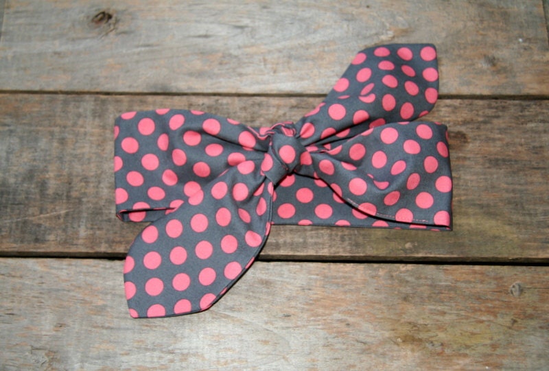charcoal and coral polka dot headscarf  / tie up headband / adjustable / summer / knotted headband / graduation