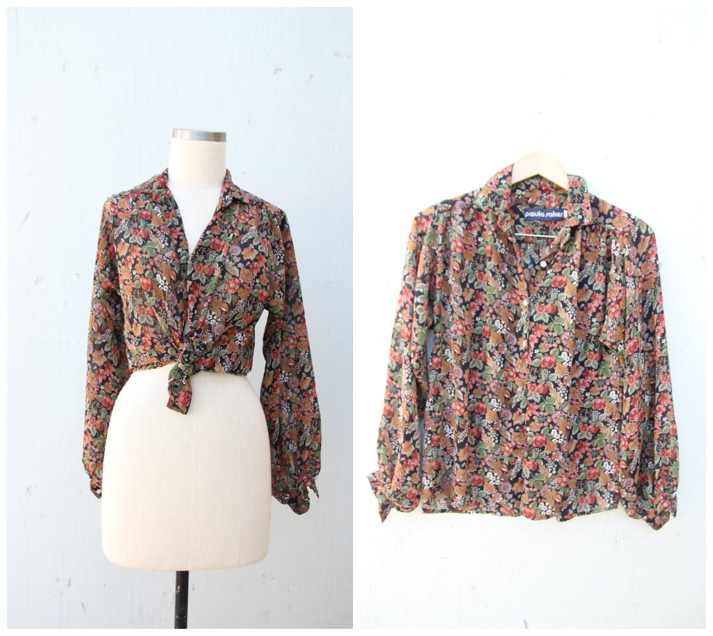 1980s Floral Print Black Blouse / large