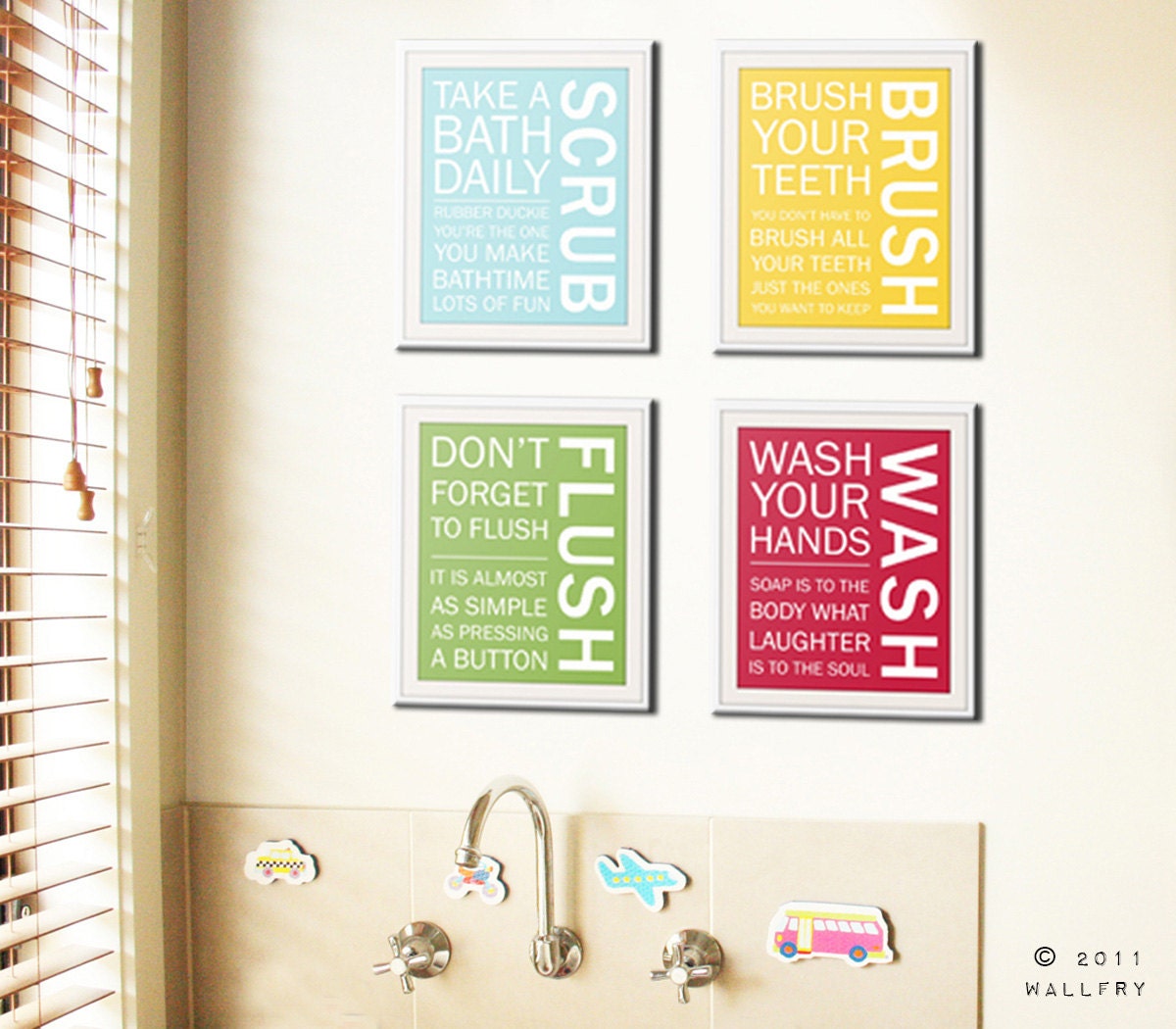 Bathroom art prints. Bathroom Rules. Kids bathroom wall quotes. Wash Brush Floss Flush. Typography. Set of 4 11x14 prints by WallFry