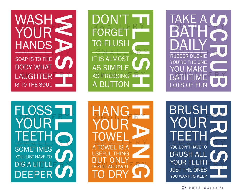 Bathroom art prints. Bathroom Rules. Kids bathroom wall quotes. Wash Brush Floss Flush. Typography. Set of 6- 8x10 prints by WallFry