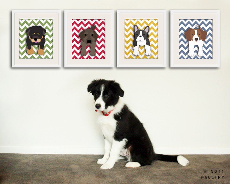 Chevron nursery decor. ANY 4 Custom dog art prints. kids wall art, kids decor. Dog nursery children decor. 4  11x14 prints by WallFry