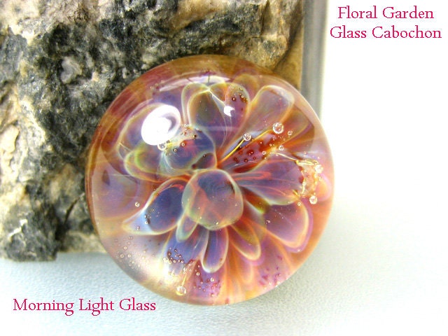 Floral Garden Glass Cabochon in Hues of Pink, Purple and Orange, SRA, CS94