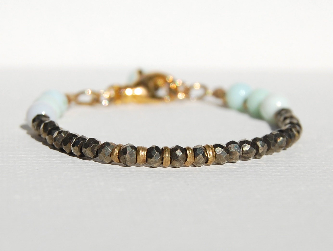 Bronze Pyrite Beaded Bracelet Bronze and Mint Gemstone Bracelet