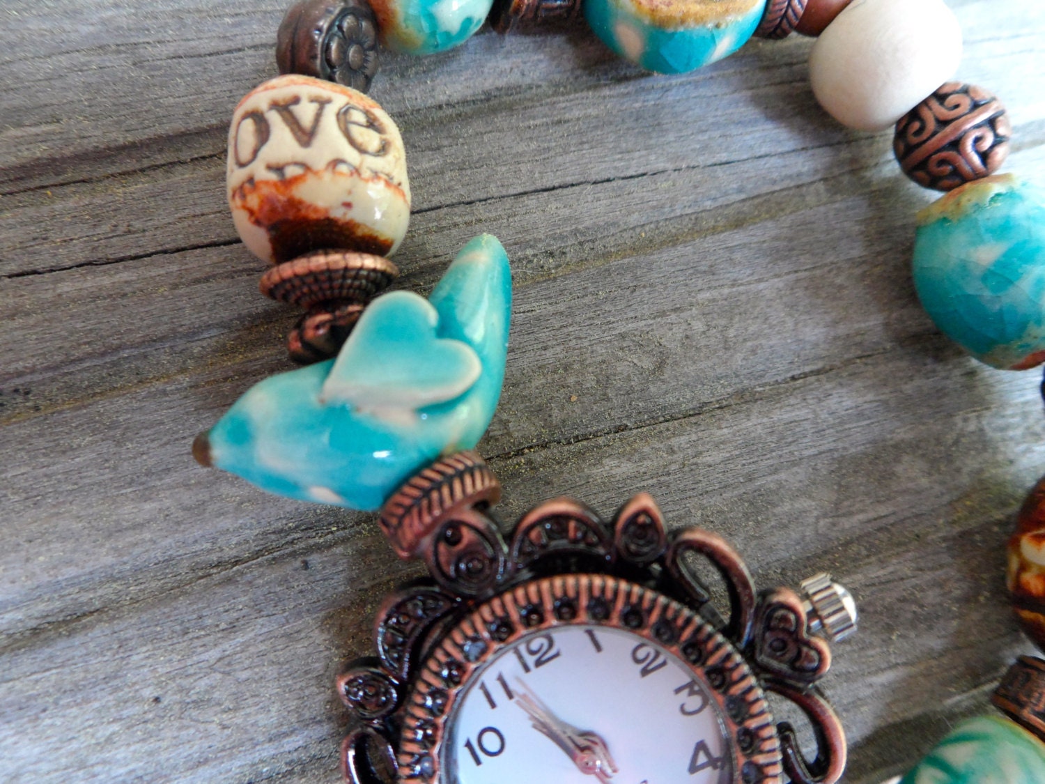 Watch bracelet...bird bead   aqua turquoise  crackle     antique copper watch face