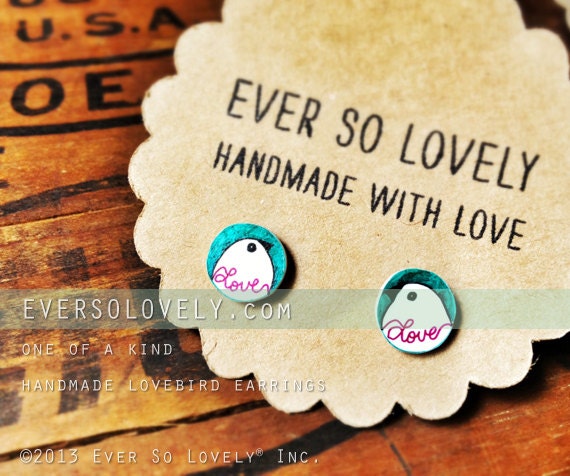 hand drawn love bird earrings in teal blue - one of a kind