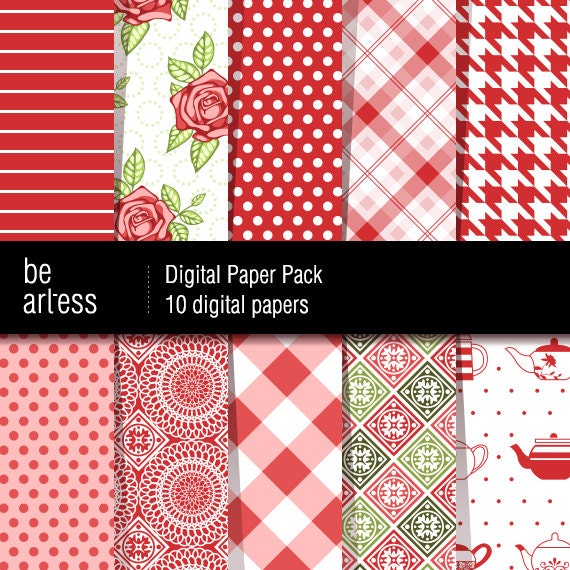 Rustic Floral Digital Paper Pack - 10 red rustic papers / 12x12 inches or 8x11 inches(A4) - DPP0046
