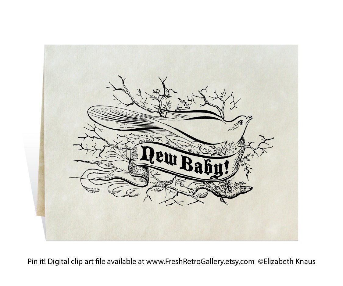 Birth announcement, baby shower invitation, gift card with vintage style bird/nest/new baby banner. Verses and wording samples.