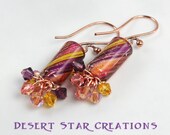 Red Purple Yellow Copper Cane Glass Earrings, Rock Candy Furnace Glass Earrings, Copper Dangle Earrings