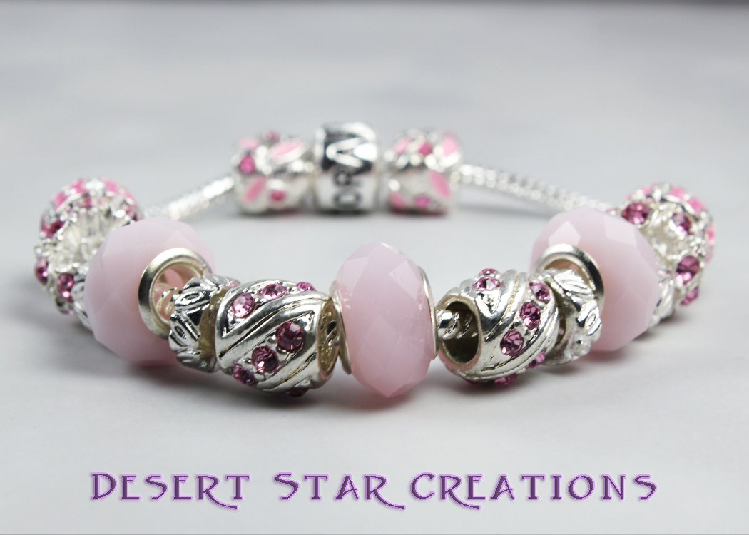 Baby Pink Silver Euro Style Charm Bracelet Snake Chain and Large Hole Beads
