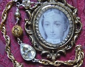 Antique religious necklace framed Marie rhinestone Victorian filigree saint one of a kind religious jewelry assemblage