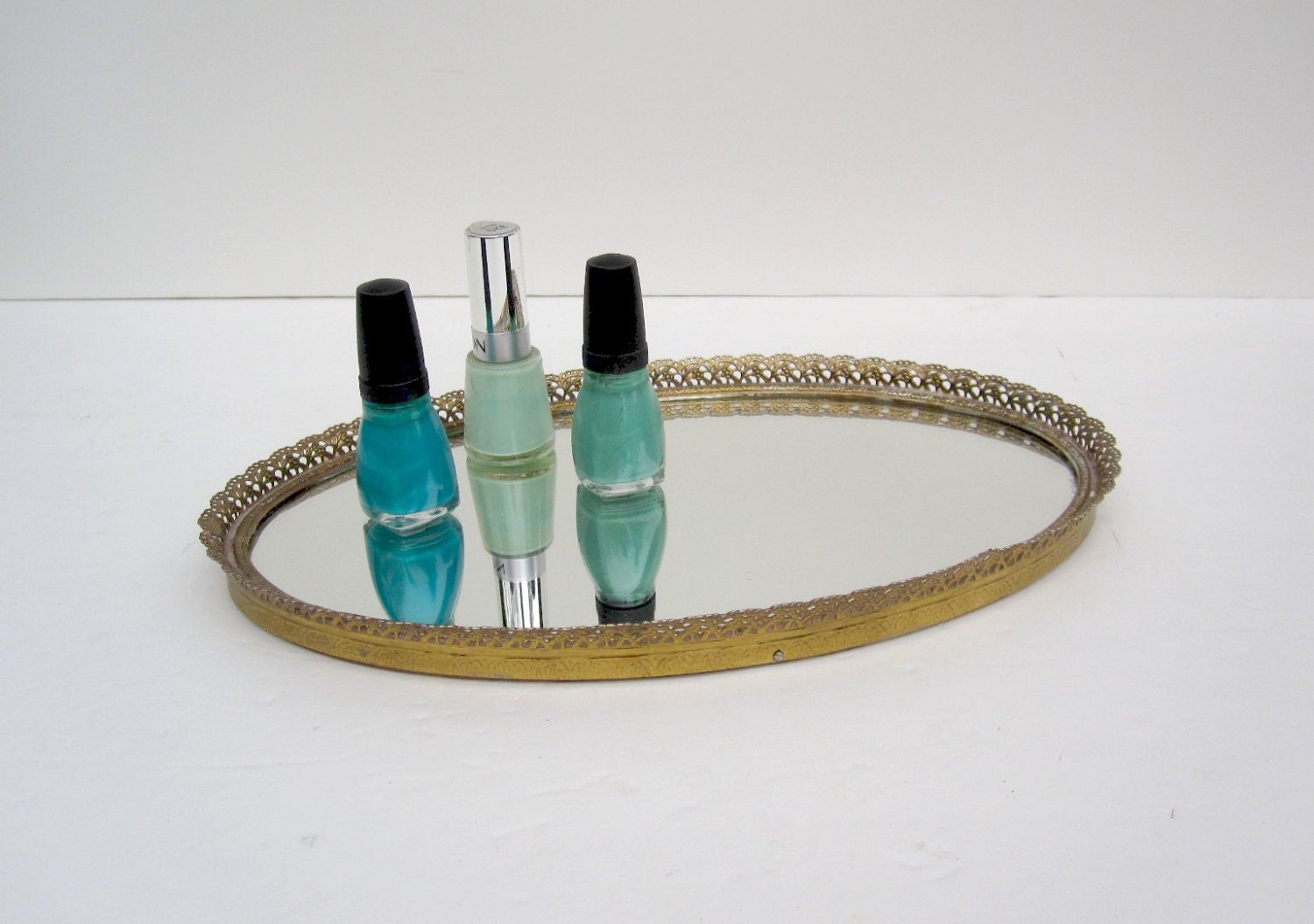 Vintage Mirror Vanity Tray - Gold Filigree Dresser Tray