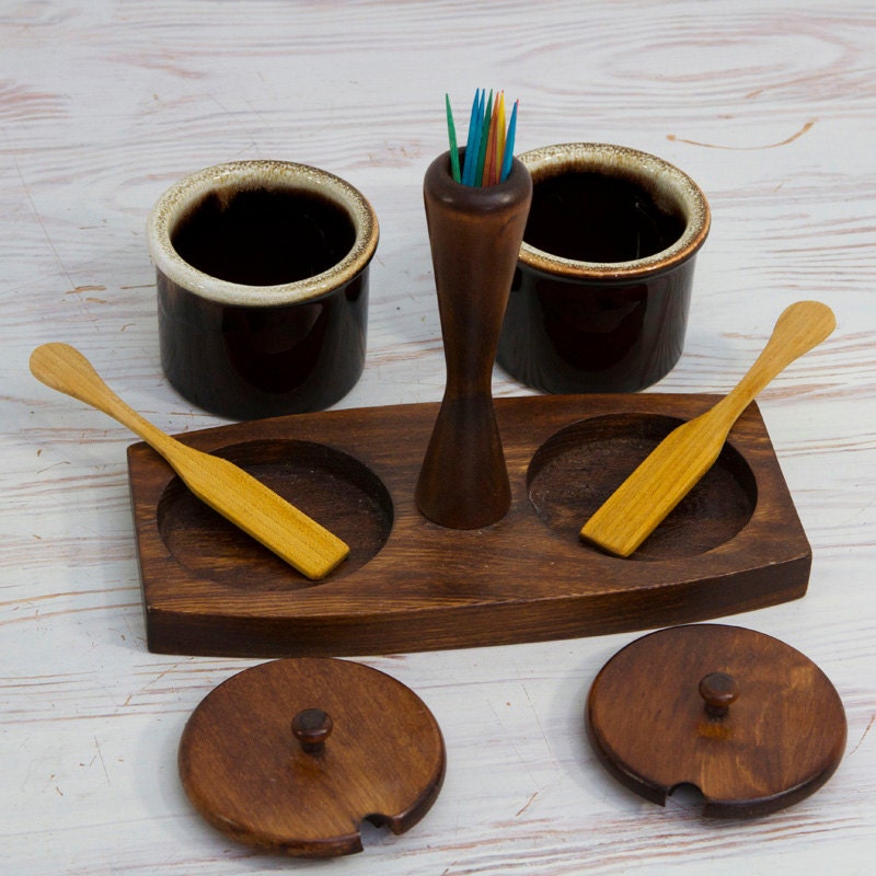 Vintage Ceramic Jam Pots with Wood Server