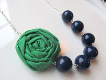 Green Navy statement necklace wedding fabric flower beaded