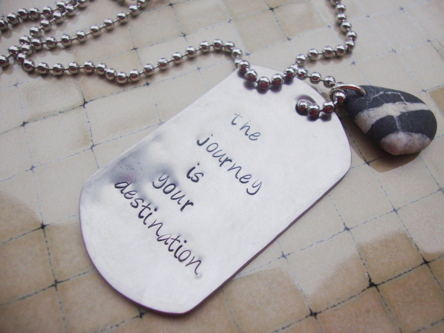 OTH inspired The journey is your destination steel dog tag necklace with genuine smooth beach stone