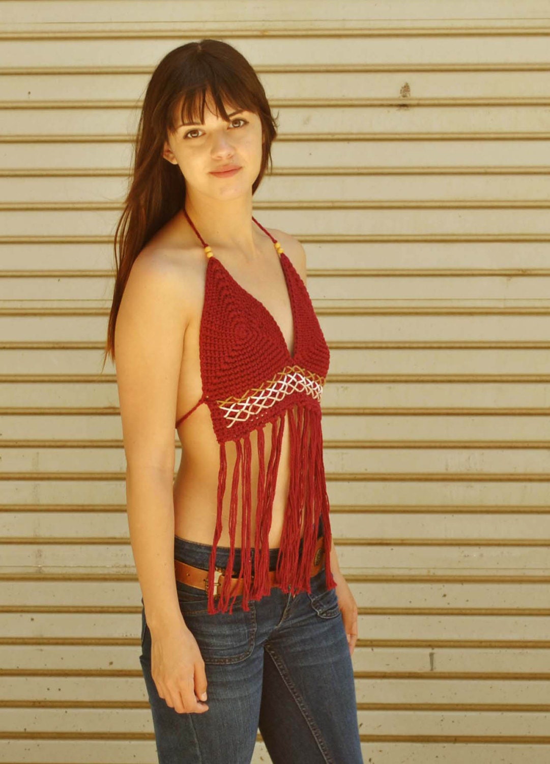 Burgundy Crochet Fringe Bikini / Embroidered Halter / Festival Top / Bohemian / Gypsy / Tribal / Native American