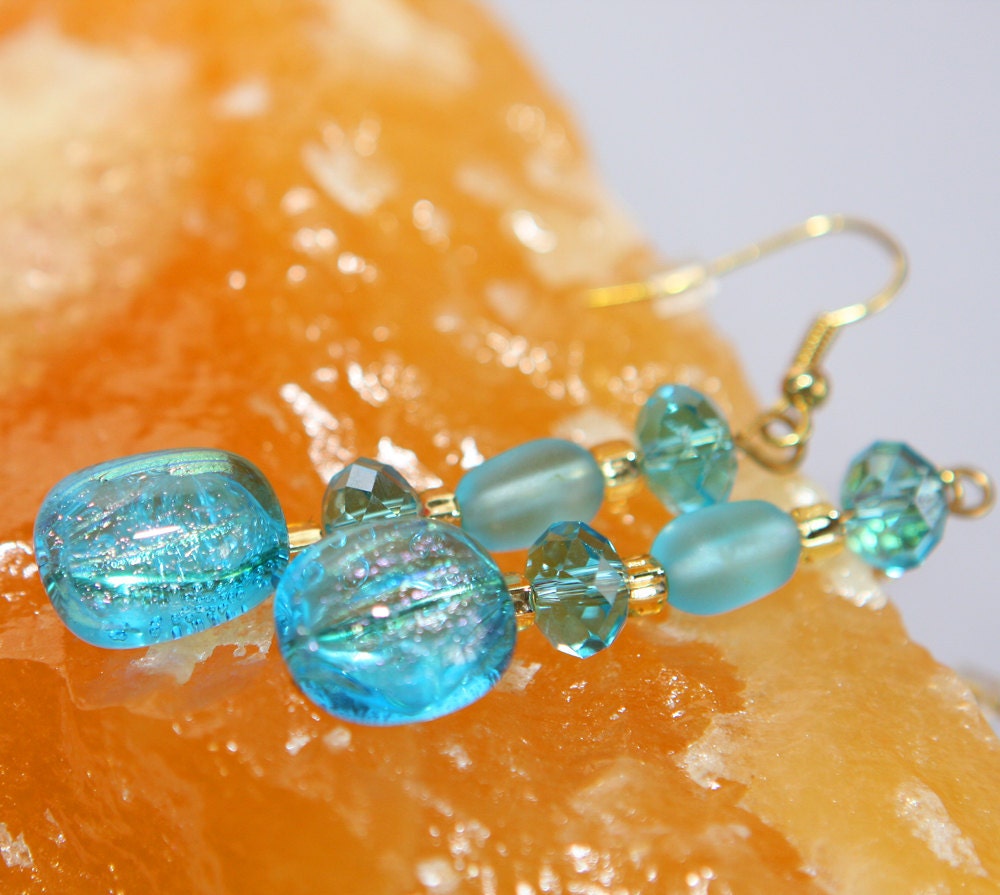 Aqua Blue Dichroic Glass Dangle Earrings