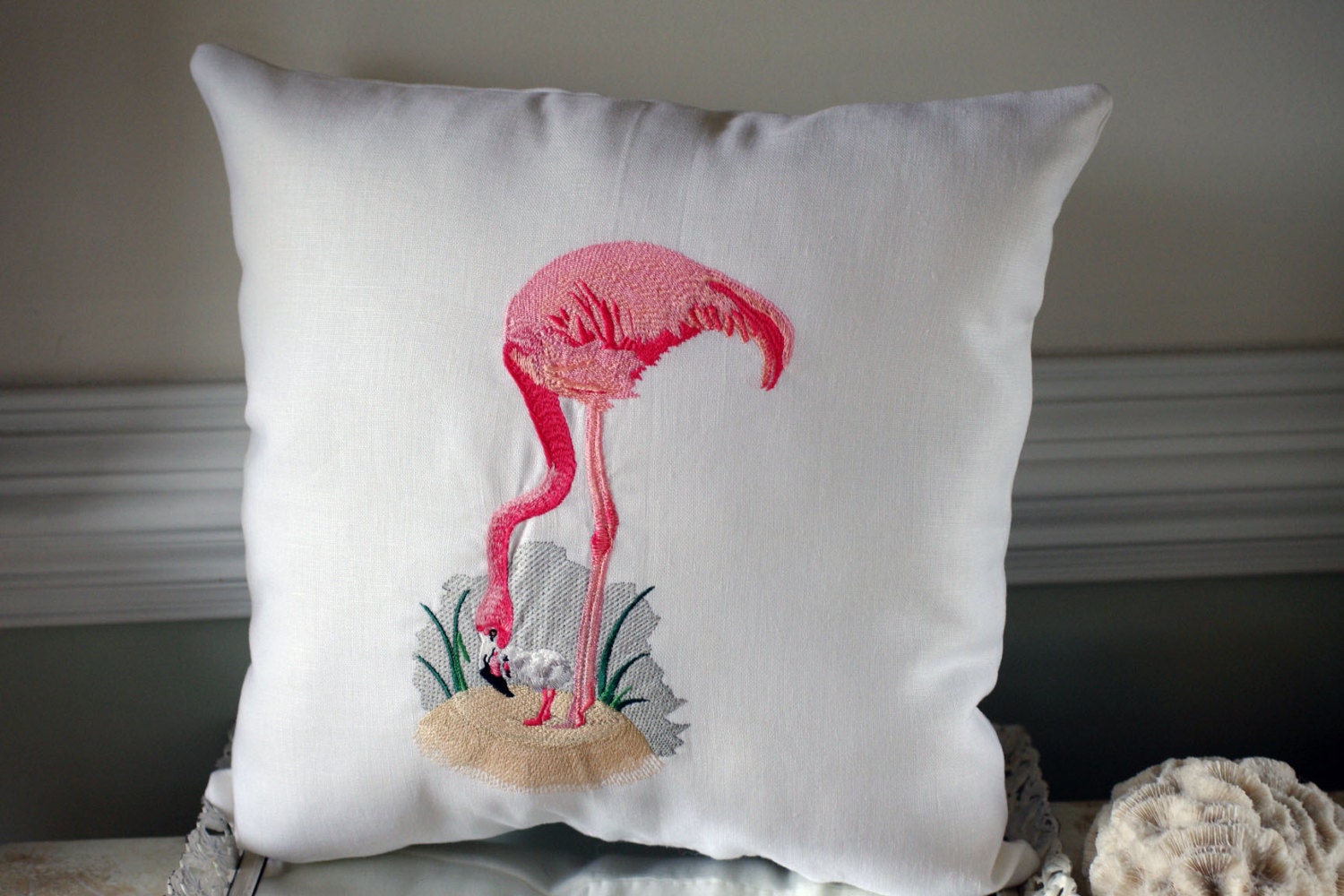White Linen Flamingo and Baby Flamingo Embroidered Pillow - 16x16 - Beach Decor