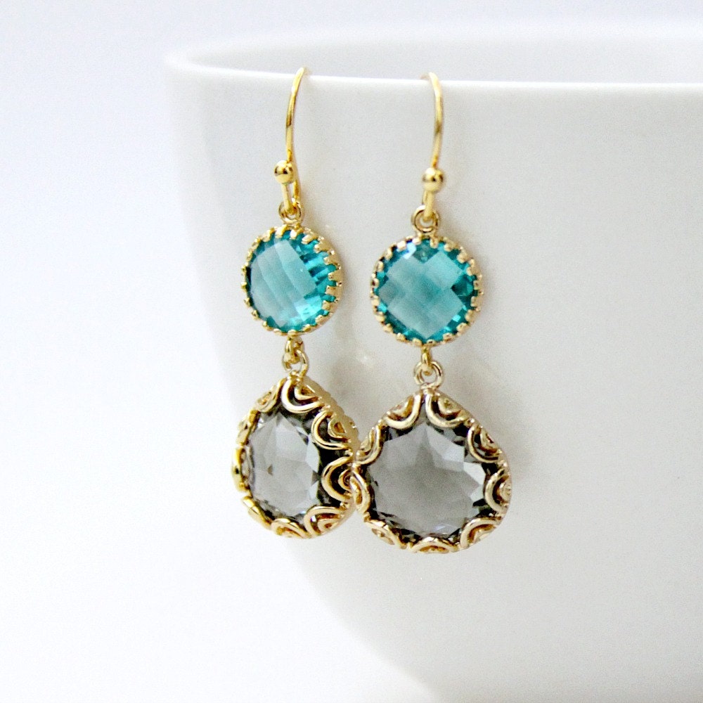 Colorblock Mix Match.  Pacific Blue Dove Gray Faceted Glass Stone Earrings Gold