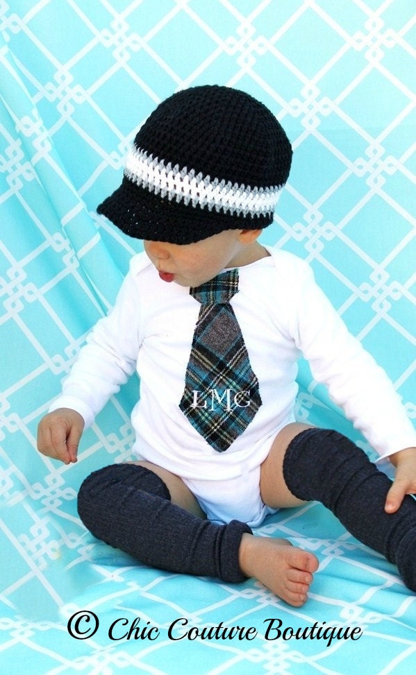Monogrammed / Personalized Tie Onesie. English Plaid Gray / Grey, Black, Navy, White, Aqua, and Teal. Tartan Scottish Plaid