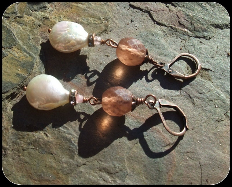 Teardrop pearls,Copper,Crystal, Czech Glass, Dangles, Earrings