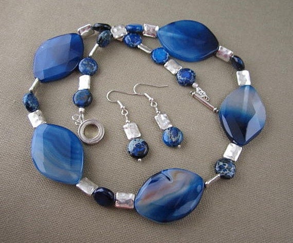 Blue GLASS Beaded Statement Necklace Earrings Set