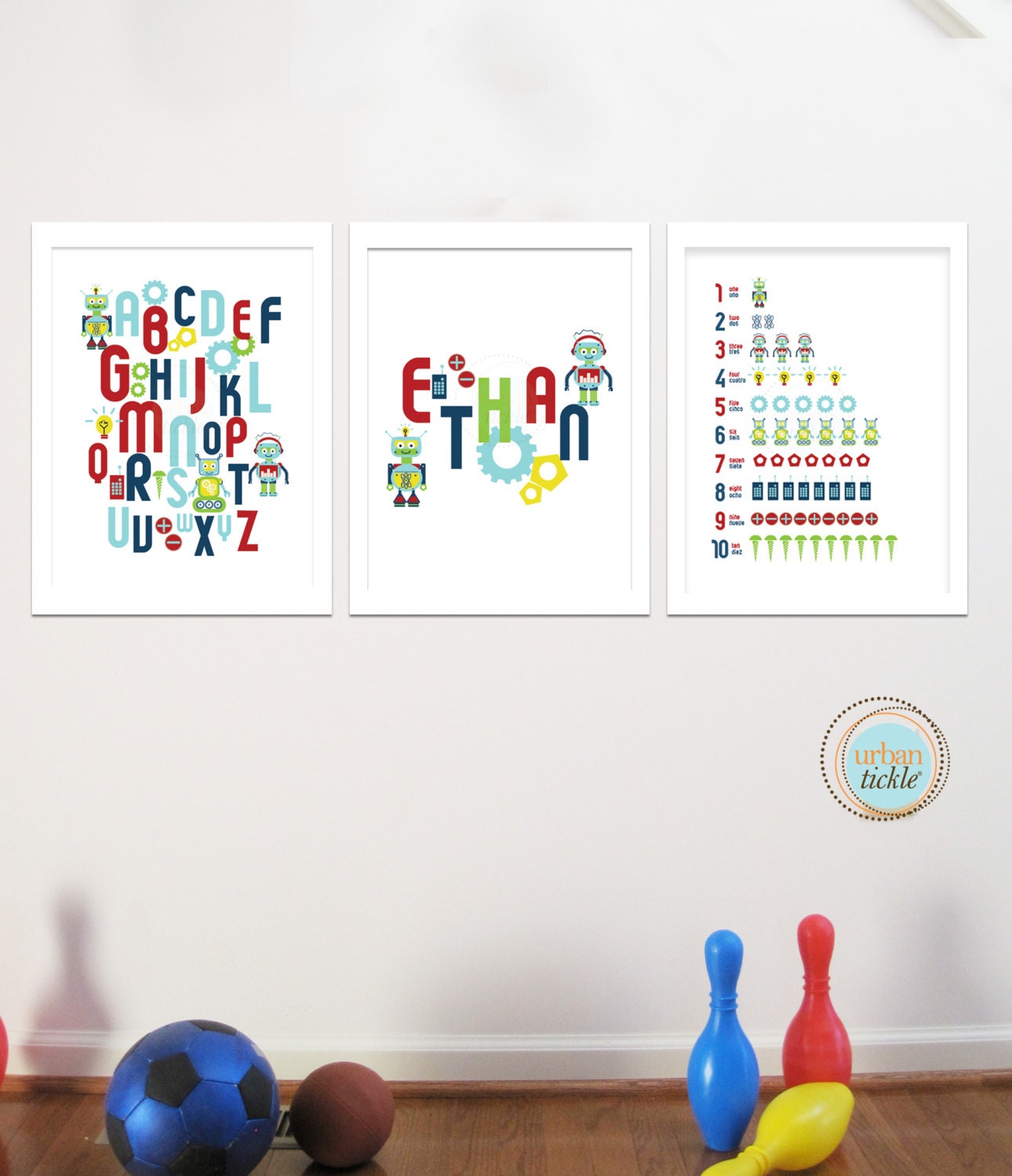 Robot Artwork Print for kids, Set of 3,  Robots ABC and 123, 11X14 Inches, Custom Sizes and Colors, Play room art, Robots for boys