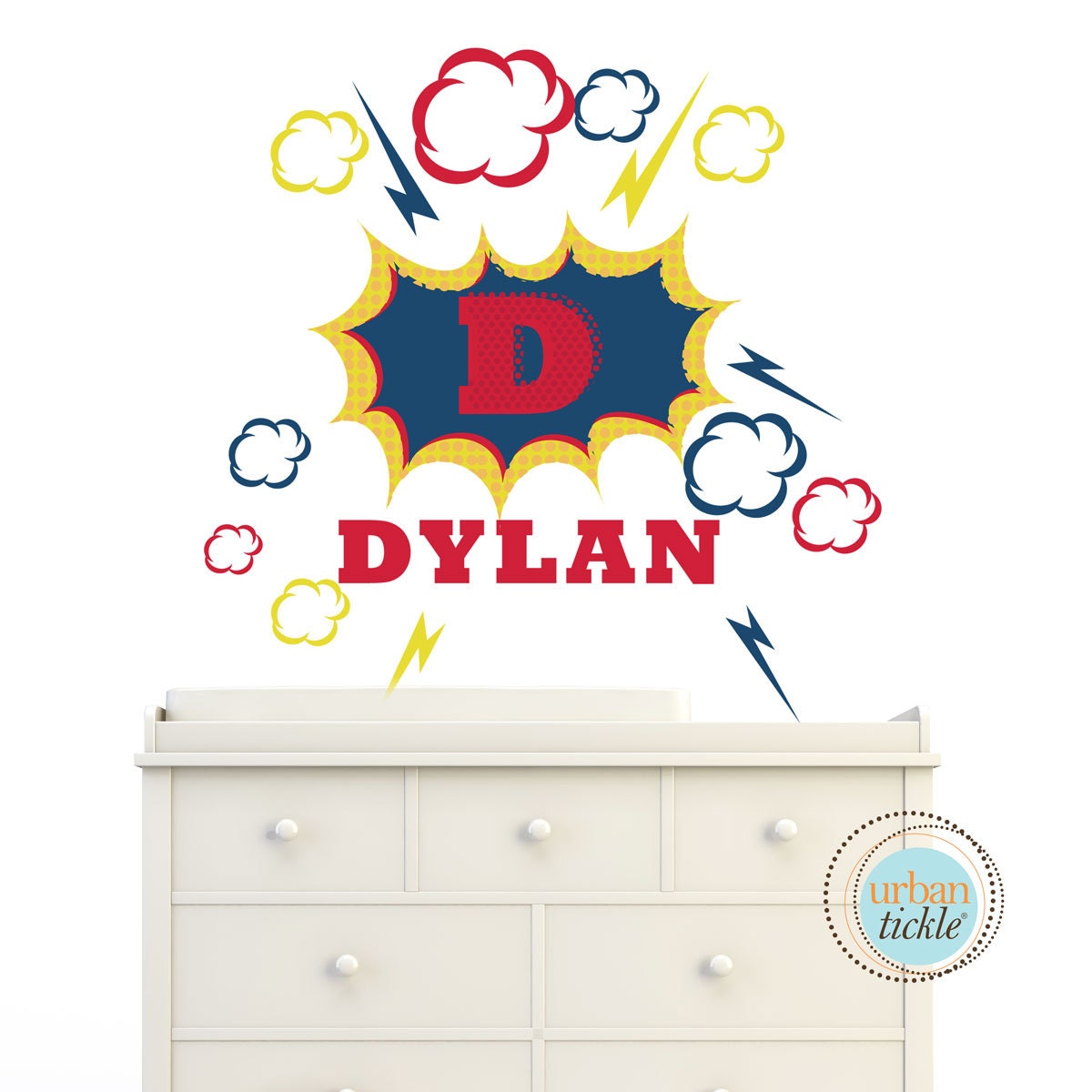 Super Hero Wall Decal, Super Hero Name, Nursery Artwork, Play Room Decor for kids Action Hero Comic book decor