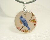 Blue Bird On A Branch  Vintage Print Necklace Polymer Clay