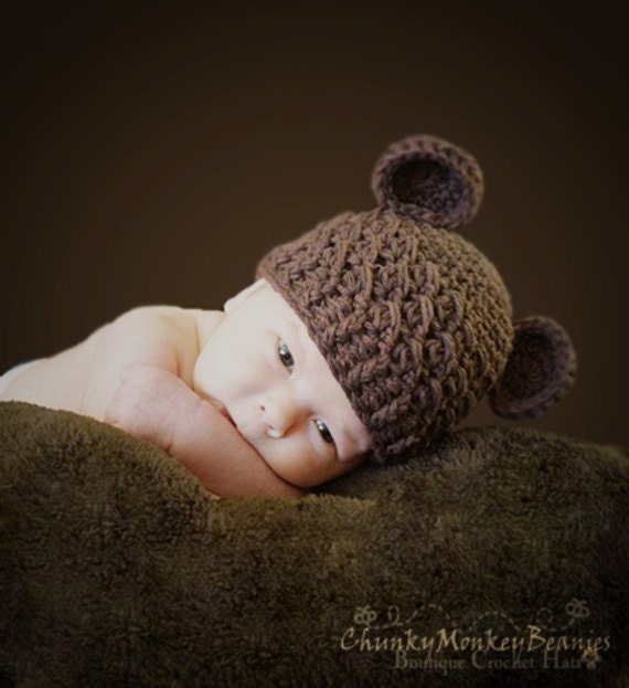Baby Boy Hat, 6 to 12 Months Baby Boy Hat, Boy Teddy Bear Hat, Handmade Hat, Chocolate Brown with Ears. Great for Photo Props. Baby Gift.
