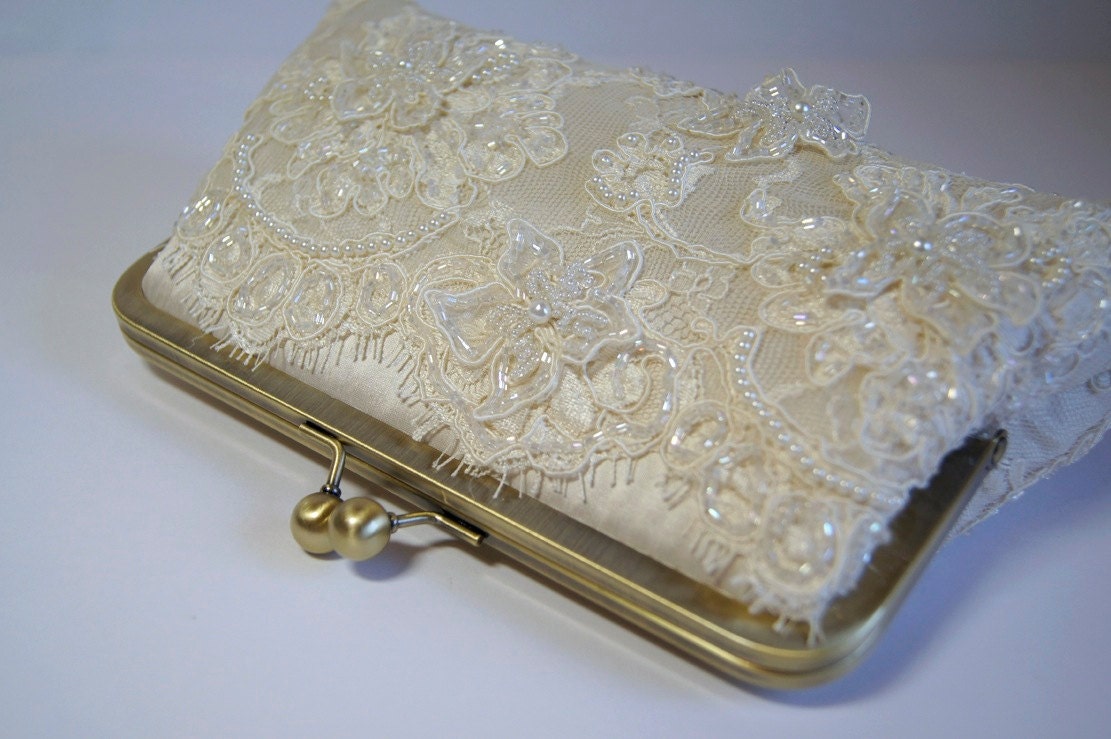 EllenVintage Alencon Beaded and Appliquéd Lace  Silk Clutch,  wedding clutch, Bridal clutch, Purse for wedding