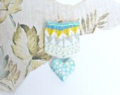 geometric fabric and clay heart medal  brooch -  hand painted - hand embroidery - lemon yellow, turquoise, tea-rose pink- wearable art