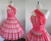 1950's Vintage Pink and Green Striped Strapless Dress with Sash