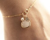 Gold Initial Charm Bracelet, Raspberry Pink Glass Pendant, Swarovksi Pearl - Personalized Bracelet - Hand Stamped 14k Gold Fill - Bridesmaid