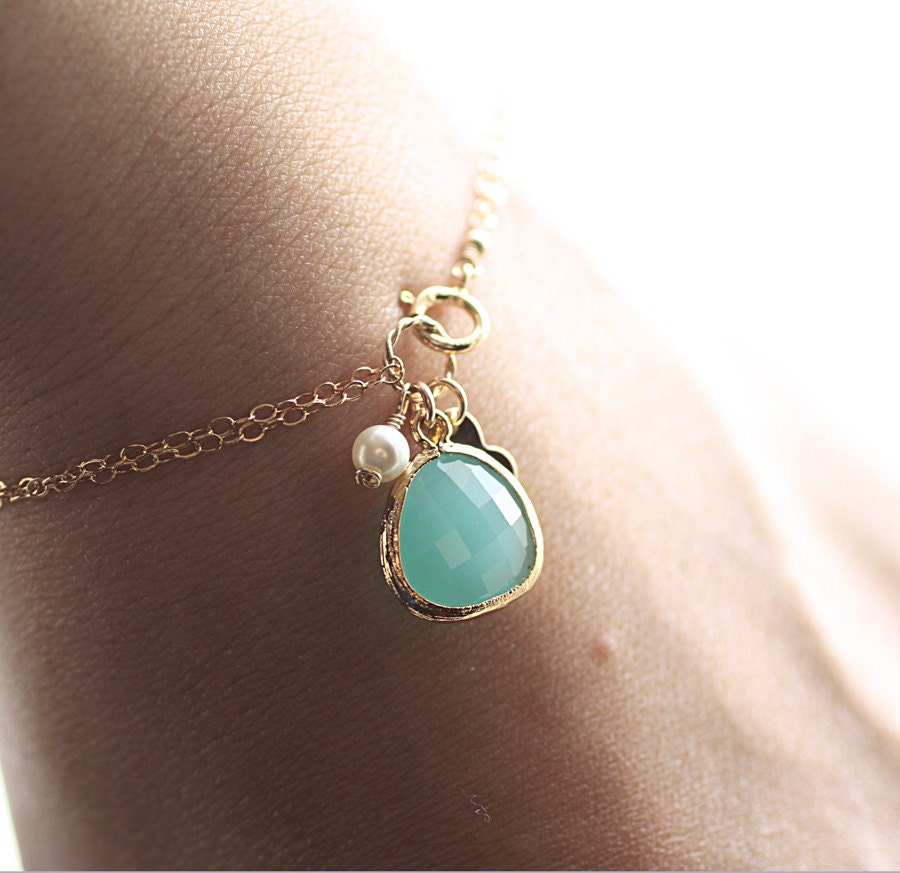 Gold Initial Charm Bracelet, Aqua Blue Glass Pendant, Swarovksi Pearl - Personalized Bracelet - Hand Stamped 14k Gold Fill - Bridesmaid