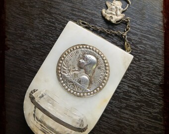 Antique French holy water front with Saint Joan of Arc Religious item - Vintage religious stoup in marble from france