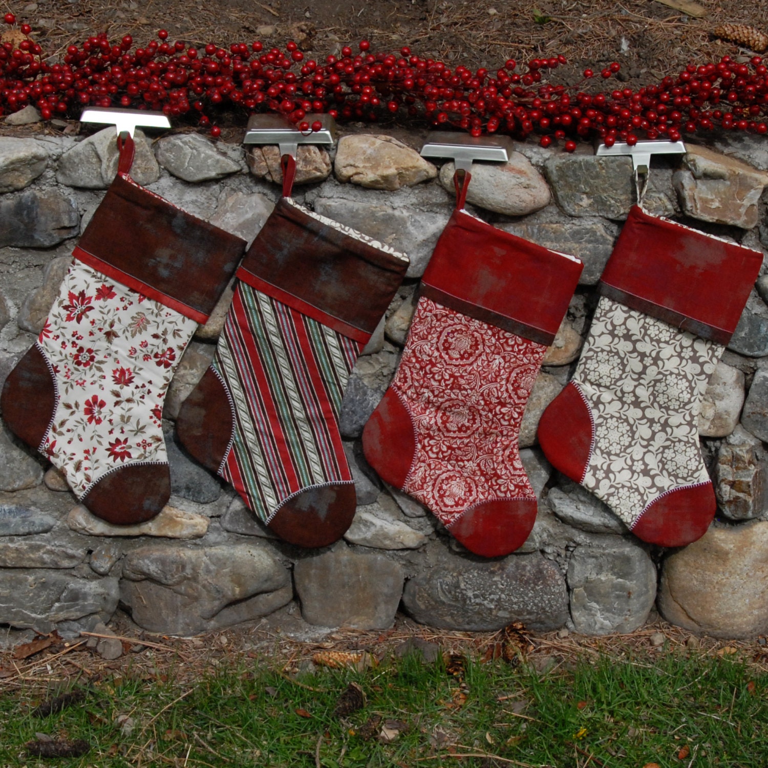 Handmade Embroidered Christmas Stockings from the Classic Collection by Yards and Yards