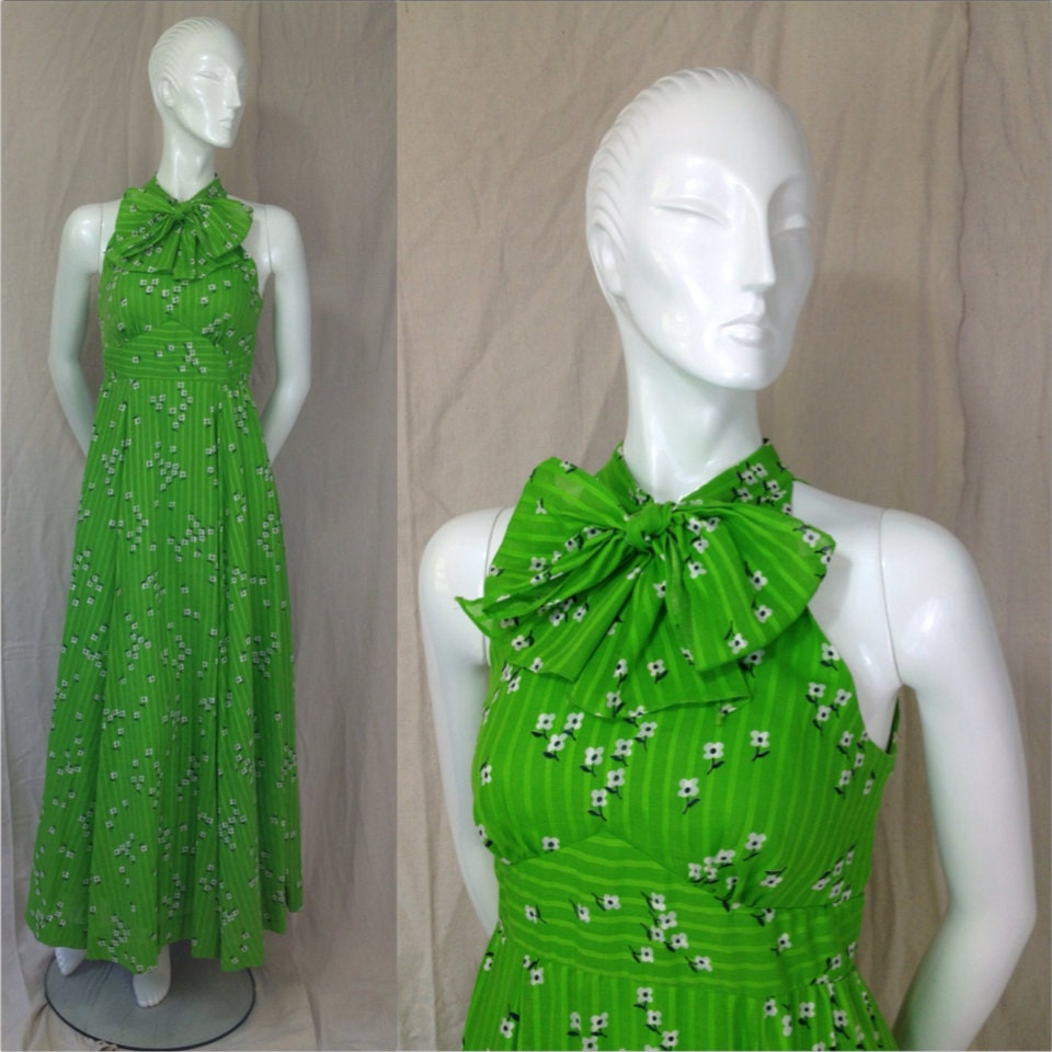 1970s dress Vintage Lanz pussy bow maxi green Floral Empire Waist