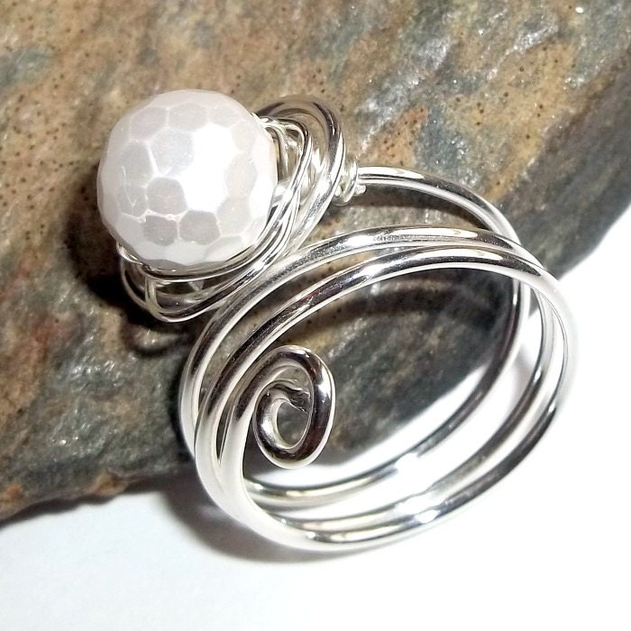White Faceted Freshwater Pearl Ring Sterling Silver June Birthstone Wire Wrapped earthegy
