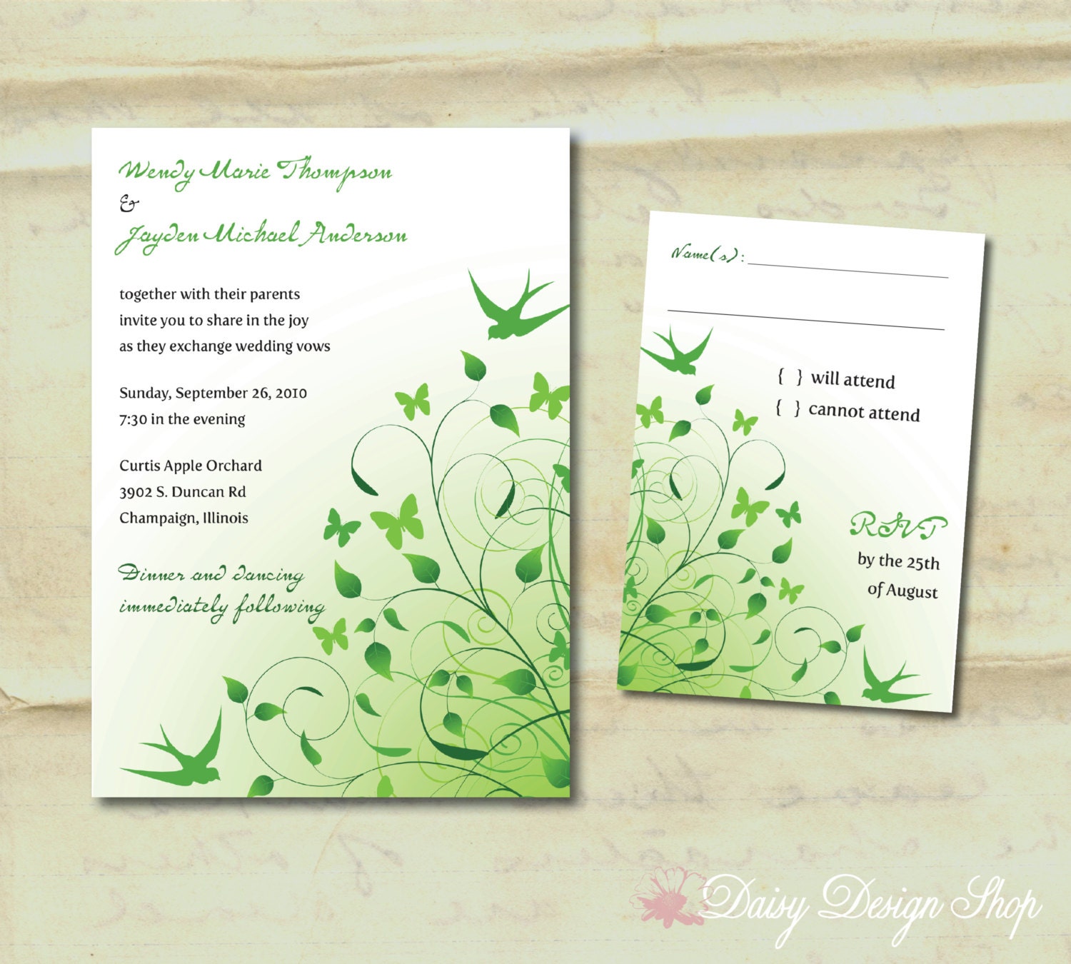 Wedding Invitation - Birds and Butterflies in Customizable Colors - Invitation and RSVP Card with Envelopes