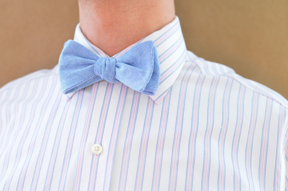 Men's Bow Tie in Blue Oxford Cotton- freestyle wedding groomsmen adjustable bowtie neck self tie