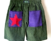 Sizes 000 to 5 avail. Green corduroy kids shorts with purple pockets - kissmypatootie