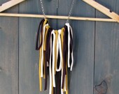 Fabric Fringe Multistrand Bib Necklace in Purple, Mustard & Cream