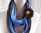 Bright Coneflower Blue & Charcoal Grey Multistrand Cotton Jersey Infinity Scarf with Floral Brooch