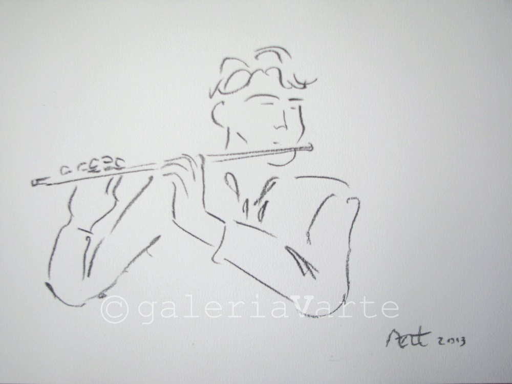 Charcoal drawing - music - flute - original - europeanstreetteam