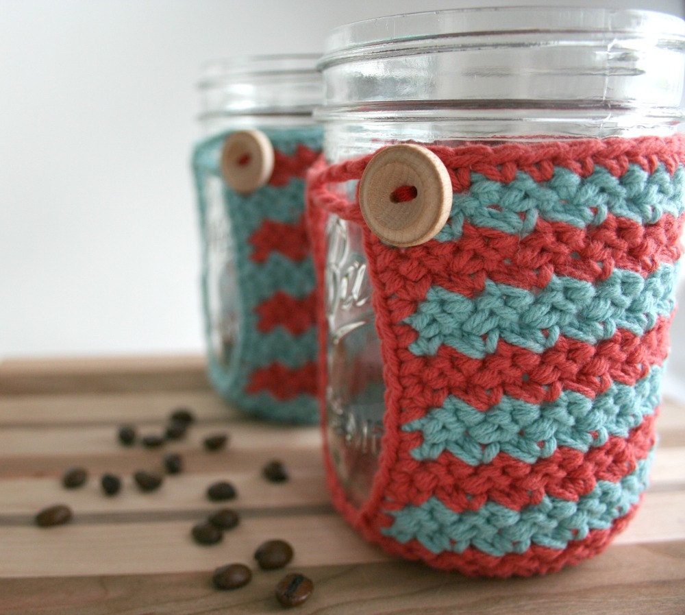 Crochet Mason Jar Cozy - Coffee Cup Cozy - Set of 2 Red & Blue Cozies - Coozie