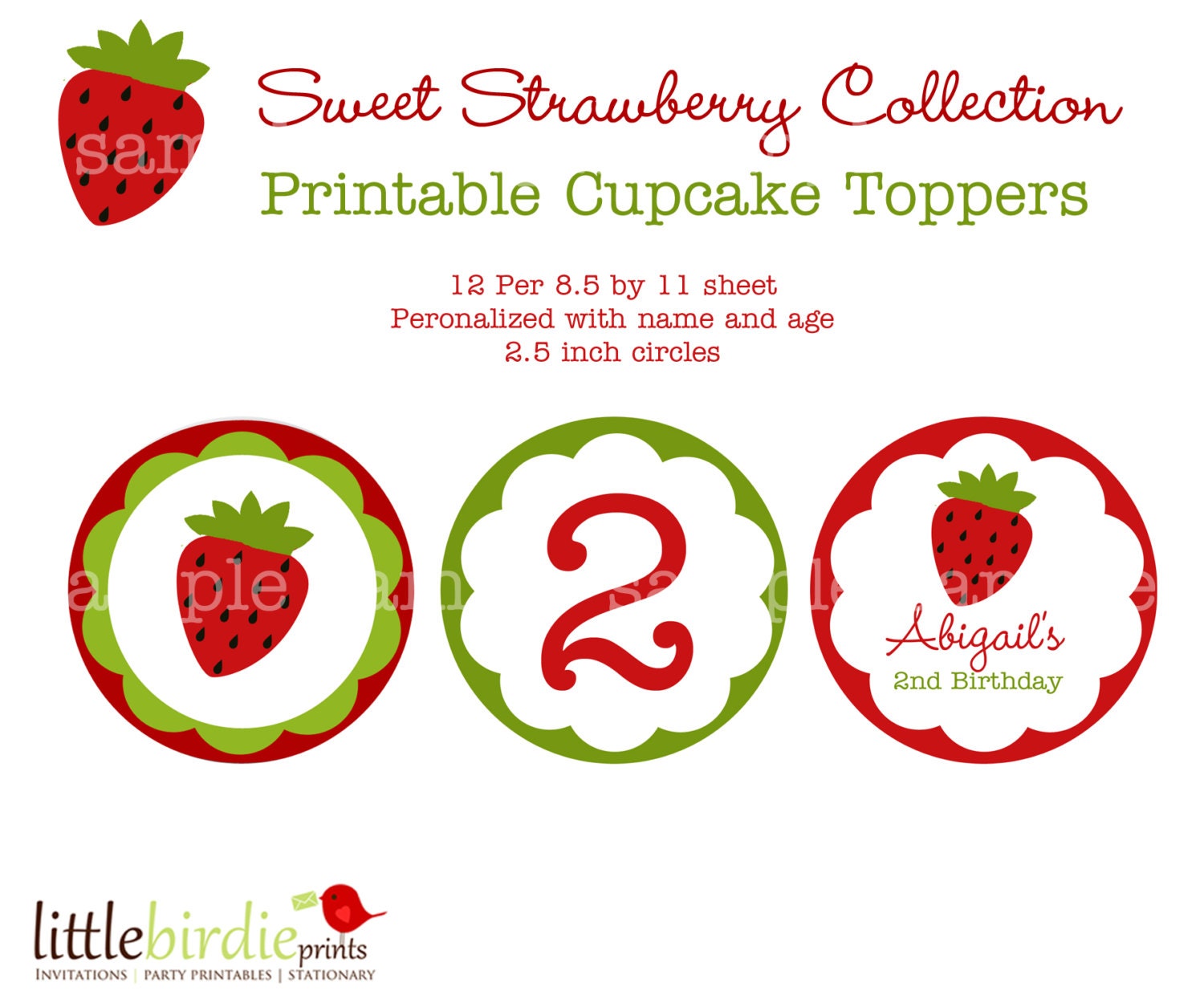 STRAWBERRY Cupcake toppers Party Circles in reds and greens